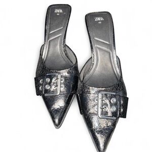 Zara Black Pointed Slip-On Mules with Buckle Detail